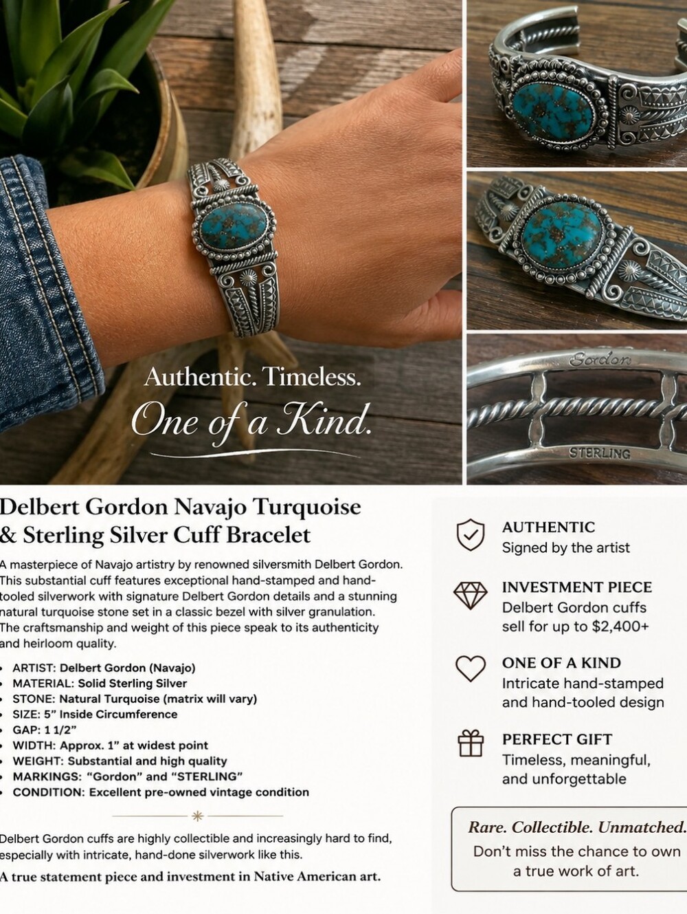 Delbert Gordon Master Navajo Sterling Silver Turquoise Cuff Bracelet Signed